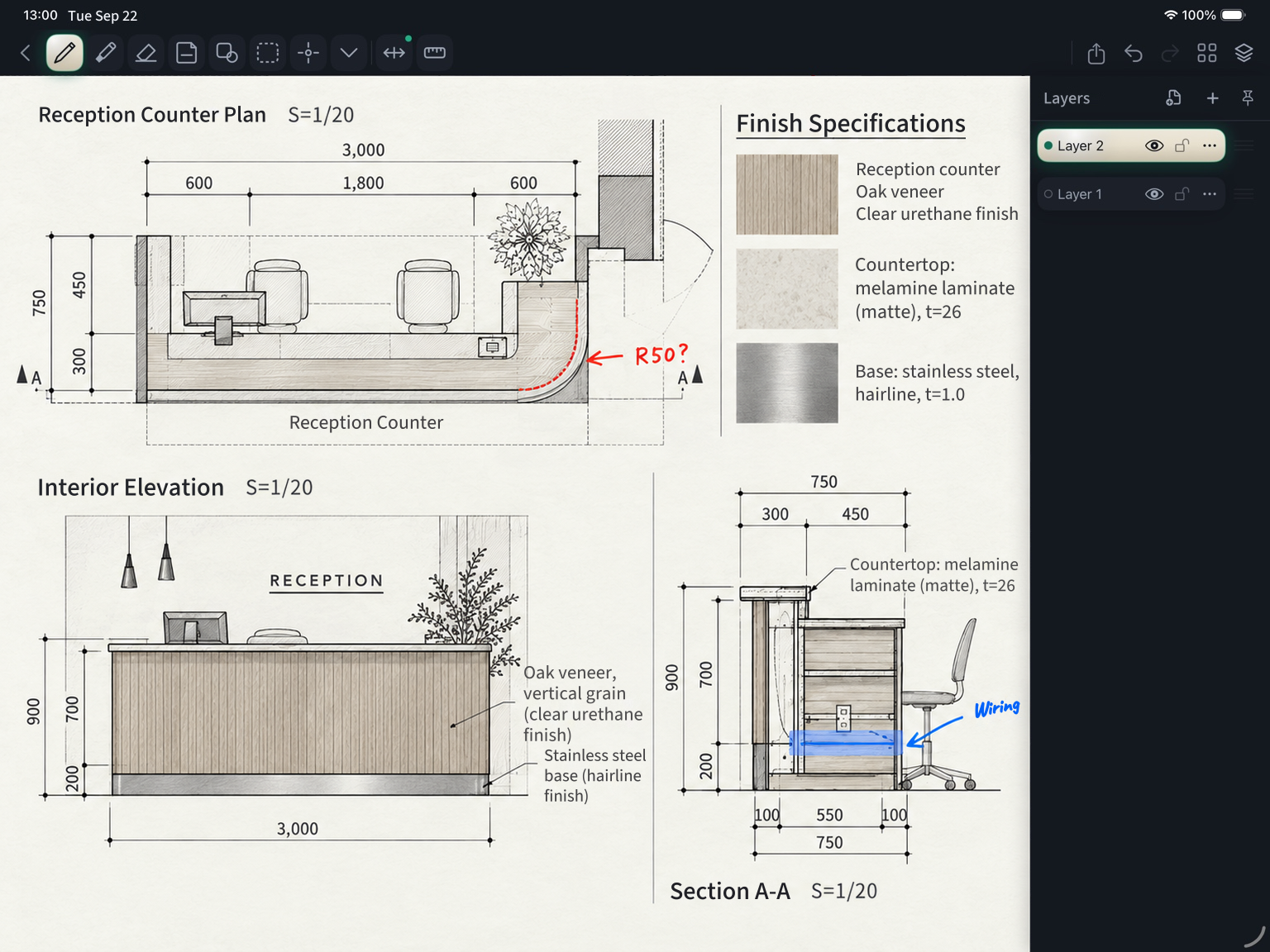 ScaleInk layers panel listing two layers, with red review marks and a blue wiring note overlaid on the drawing