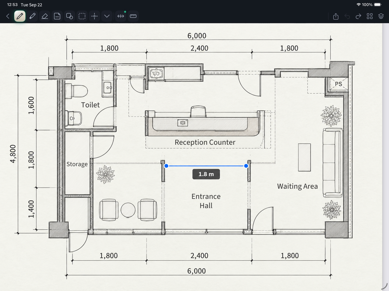 iPad screen showing ScaleInk with the scale set from a known 2,400 mm dimension and a passage width measured at 1,800 mm (1.8 m)