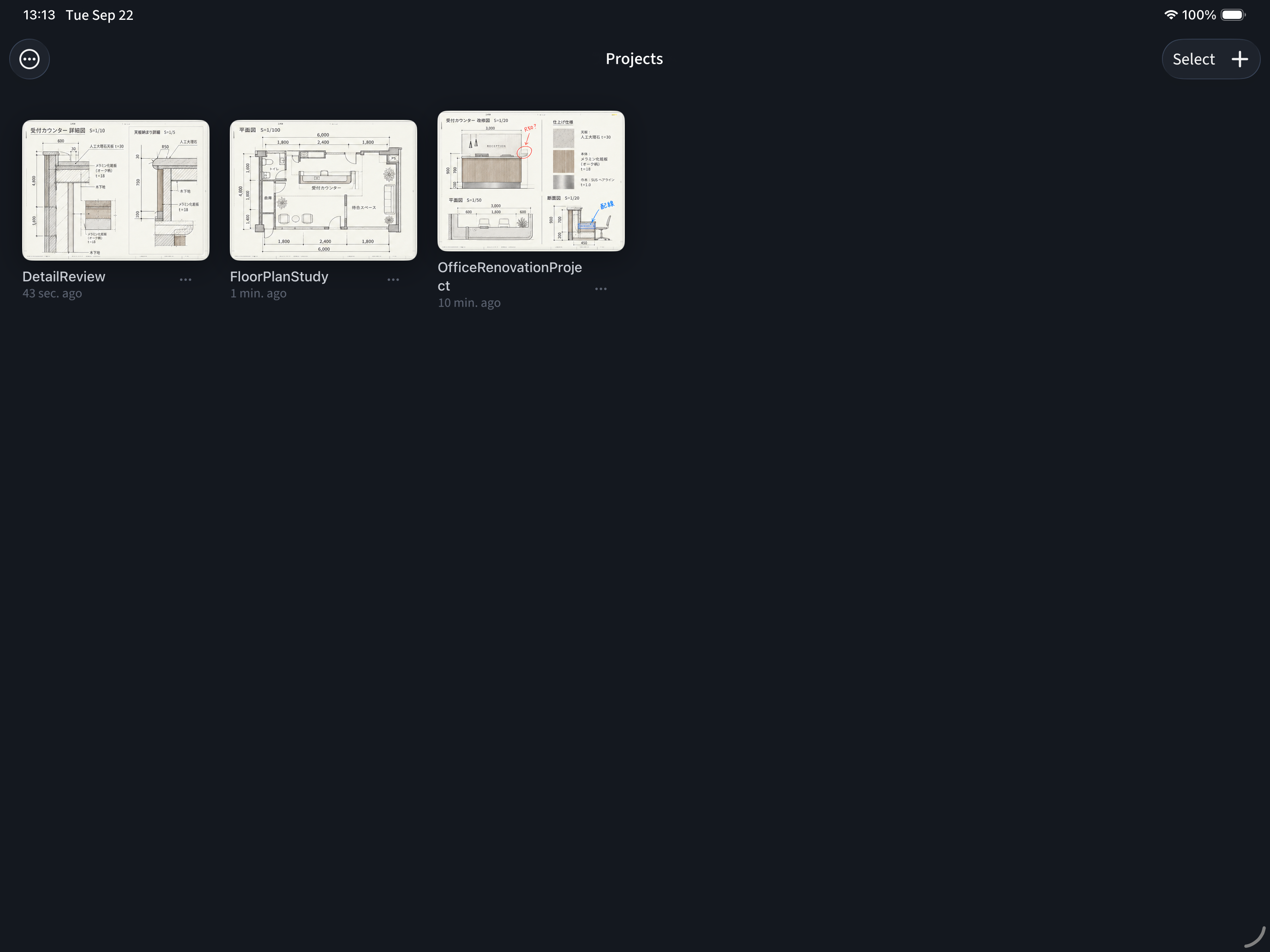 ScaleInk Project Home showing three drawing projects as thumbnails